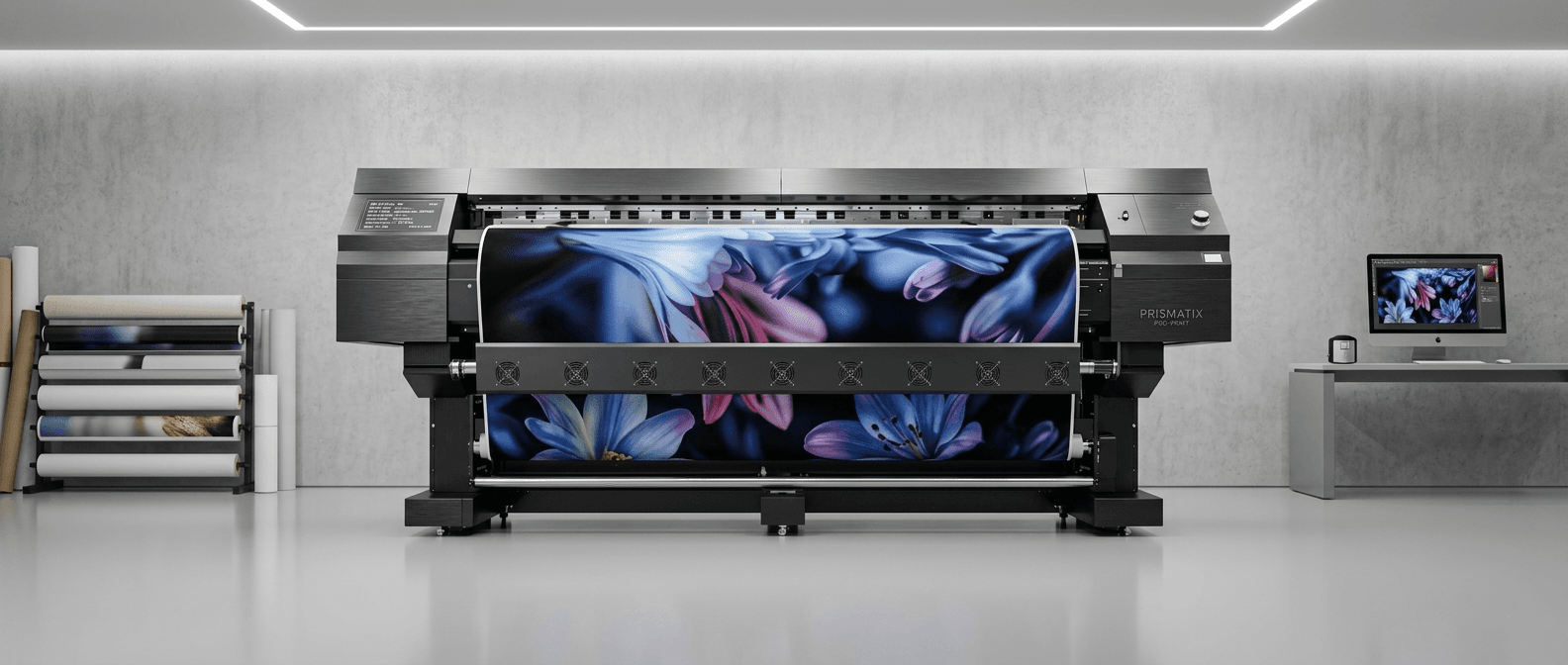 Large format printer producing a wide print in the studio