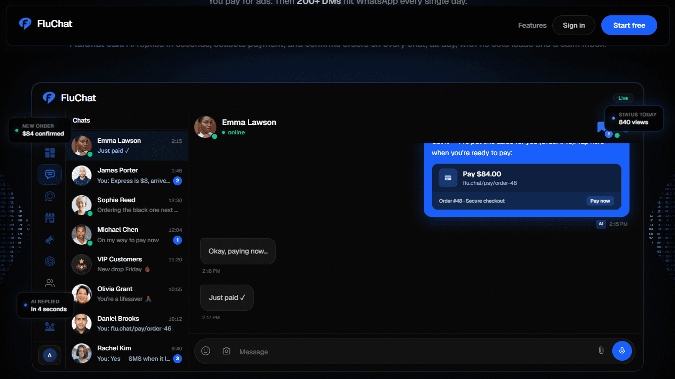 FluChat WhatsApp inbox with AI replies, shop, and dashboard